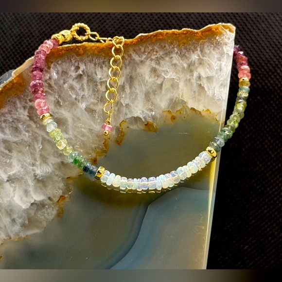 Watermelon Tourmaline, Welo Opal, 18kt Gold Vermeil Bracelet - Picture 2 of 5